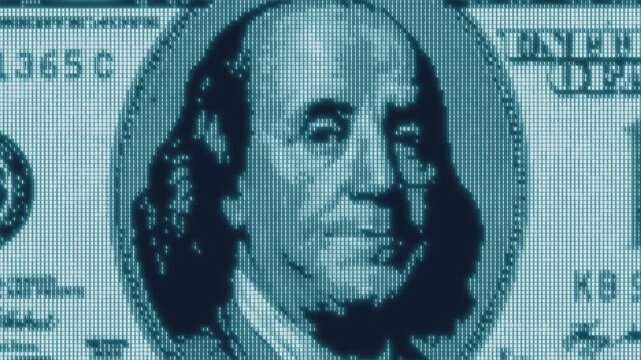 Digital Hundred Dollar Bill Macro. Cyber Money, Finance Technology, Cryptocurrency, CBDC Global Economy, Banking Security, Data Matrix, Virtual Currency, Digital Payment and Blockchain Concept