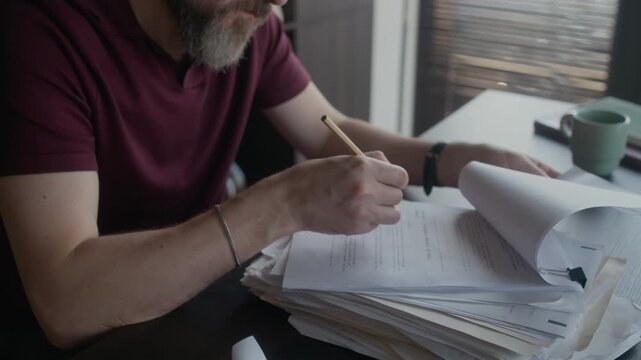 Medium close up of middle aged Caucasian writer working on novel, editing drafts and getting frustrated, taking pencil away and leaning against bookcase