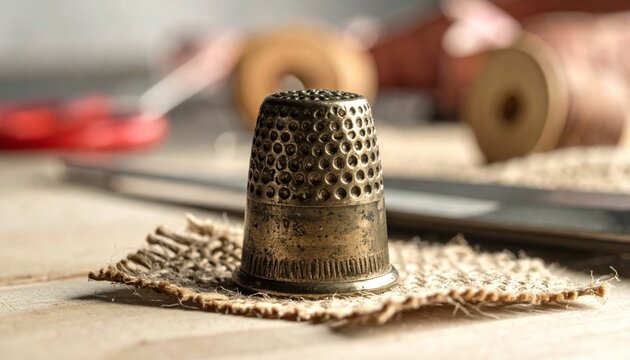 Vintage tarnished metal thimble resting on a piece of rough fabric scrap in a crafting workspace.