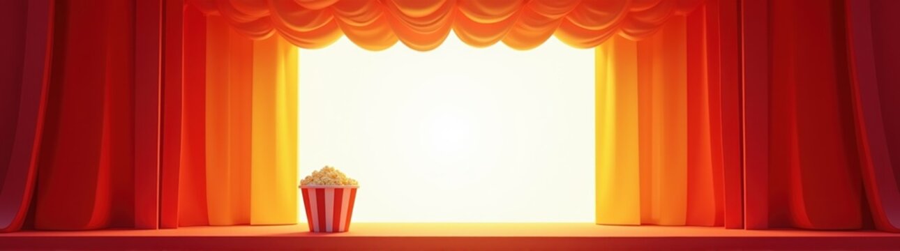 A close up of a popcorn box on a stage with curtains