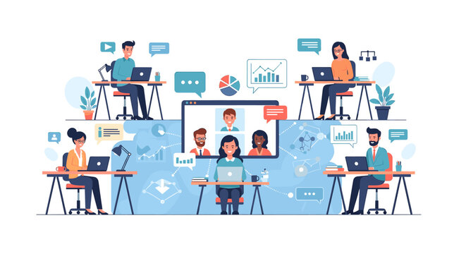 People working in a modern office environment with a central video conference call, illustrating hybrid work and collaboration.