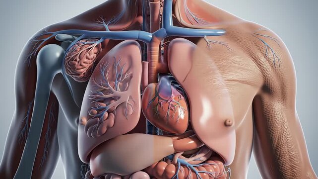 Detailed anatomical illustration of the human torso showing internal organs including the heart, lungs, and digestive system in a clear, educational