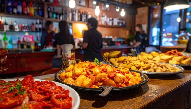 Assorted Spanish tapas dishes including patatas bravas and chorizo served on a wooden bar counter in a busy restaurant setting.
