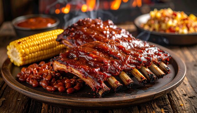 A succulent rack of ribs glazed in tangy barbecue sauce served with corn and baked beans on a rustic wooden plate, representing a traditional and hearty culinary experience for food enthusiasts.