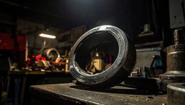 A tarnished metal ring from a broken tool resting on a workbench in a dimly lit workshop, showcasing the weathered textures of heavy industrial components and mechanical salvage.