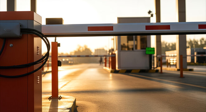 Automated boom barrier gate at a security checkpoint during golden hour, controlling access with modern technology and warm light.