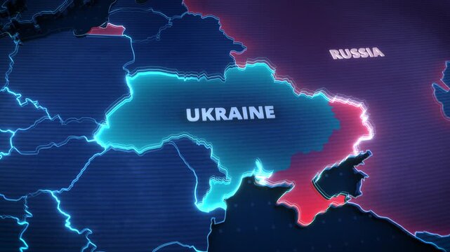 3D Map Animation Highlighting Ukraine and Russia with Glowing Borders and Text Labels for Geopolitical News and Educational Broadcasts