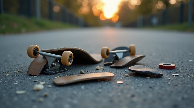Broken longboard split lengthwise on asphalt, quiet street destruction, extreme sport casualty
