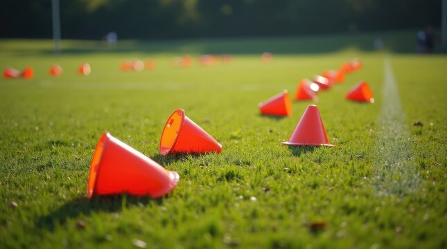 Scattered training cones on rugby field after practice, chaotic training session end, disorganized equipment