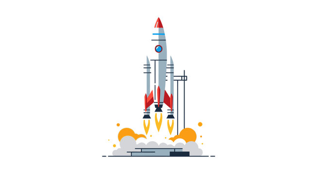 Cartoon rocket launching into space with smoke and flame illustration