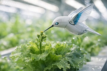 Fototapeta premium Futuristic AI Robotic Hummingbird Pollinating Plants, Smart Agriculture and Bionic Nature Concept Generative AI