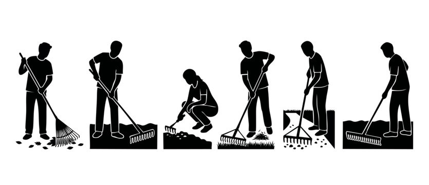 People Raking Leaves Silhouette Set, Gardening People Cleaning Lawn with Rake, Seasonal Yard Maintenance Vector Icons for Landscaping, Autumn Garden Work Collection, Black Icons on White Background