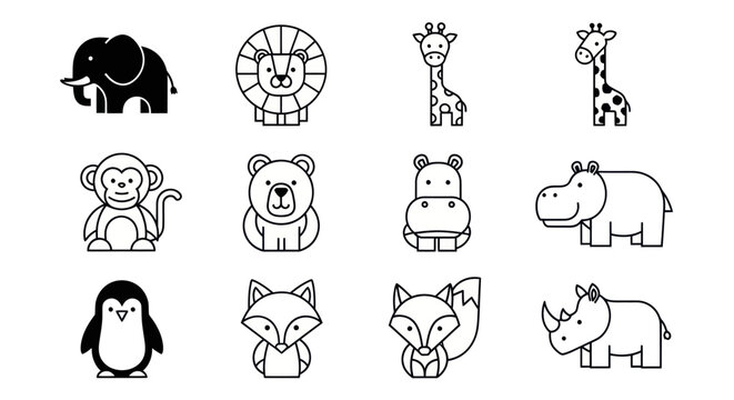 Cartoon animal set elephant lion giraffe monkey