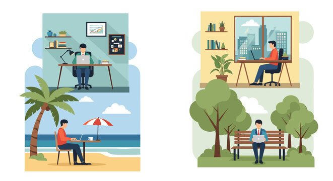 Illustrations depicting various work and leisure scenarios, including remote work from home, beach, office, and relaxation in a park.