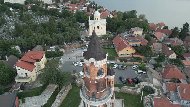 Drone rotating around historic Gardos Tower, a bricg tower located in Zemun, Belgrade, Serbia. 