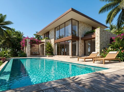 Luxury swimming pool design and garden landscaping. Modern beach house architecture with tropical palms and trendy aesthetic materials. Hotel villa resort with private pool rental.