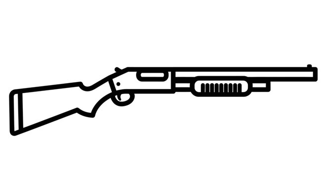 Black and white line art illustration of a pump action shotgun on white