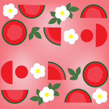 Watermelon slices, leaves, and flowers on a pink blurred background. A summer concept