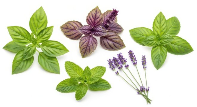Fresh herbs and lavender sprigs collection flat lay