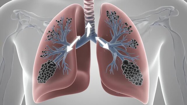 Detailed illustration of human lungs showing the respiratory system and airflow with dark particles indicating disease or pollution
