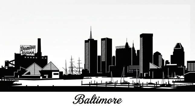 Silhouette skyline of Baltimore including Inner Harbor, Domino Sugar sign structure, and modern buildings. No people. Clean contrast. Bottom: "Baltimore" script.