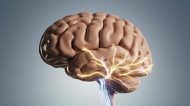 Detailed 3D rendering of a human brain with glowing neural pathways and connections, symbolizing thought and cognition