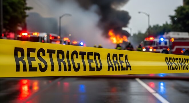 Close-up of caution tape at a major fire incident with blurred firefighters. Concept of bravery, emergency service, and rescue operations for International Firefighters Day. Professional shot