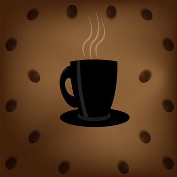 Black coffee cup and coffee beans on a dark blurred brown background. Vector illustration graphic design