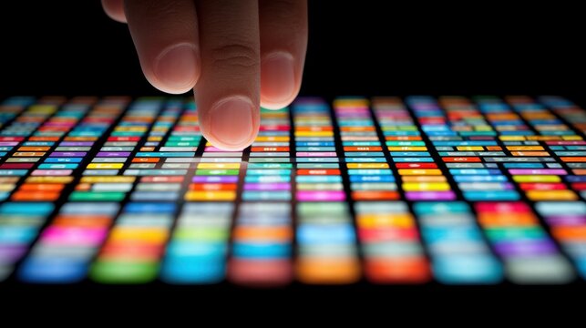 Close-up of a finger touching a colorful digital touchscreen interface with various app icons illuminated against a dark background