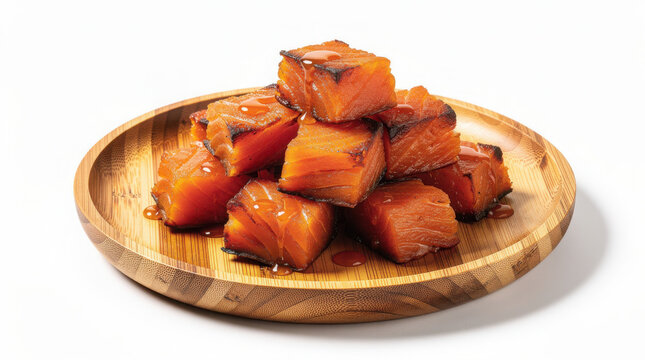 Salmon Candy on Bamboo Plate 30 Degree Angle Isolated on White Background Studio Image