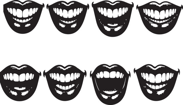 Collection of vampire mouths with fangs on transparent background