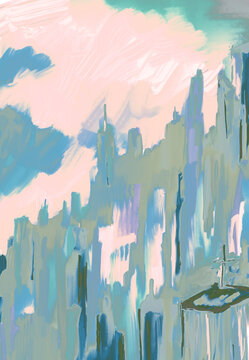 abstract impressionistic raku look cityscape w/dramatic clouds in sky above-digital illustration, painting, art, artwork, design-in blue, lavender, purple, & gray, buildings, city, skyscraper, urban