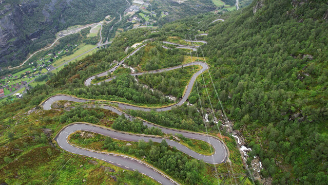 Aerial View of Lysevegen Hairpin Road Above Lysebotn Norway
