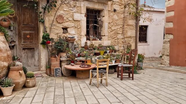 Cozy street corner in Margarites village, Crete. Cinematic view of traditional Greek wooden chairs, table and pottery pots with cactus against old sandstone walls. Authentic rustic charm, 4k.