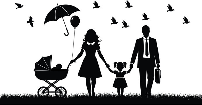 Vactor of a happy family walking together outdoors with a baby stroller