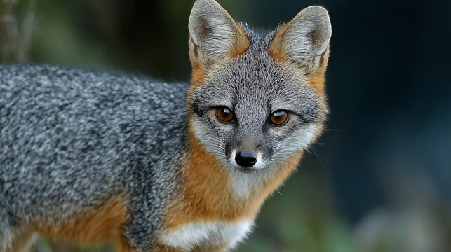 Gray fox from South America stands looking at you.
