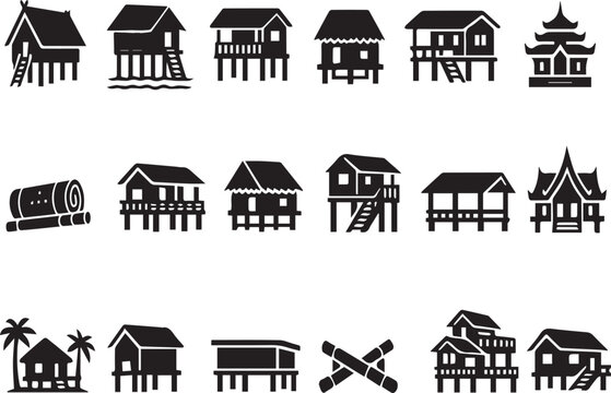 Vector icons of various stilt houses and huts on transparent background