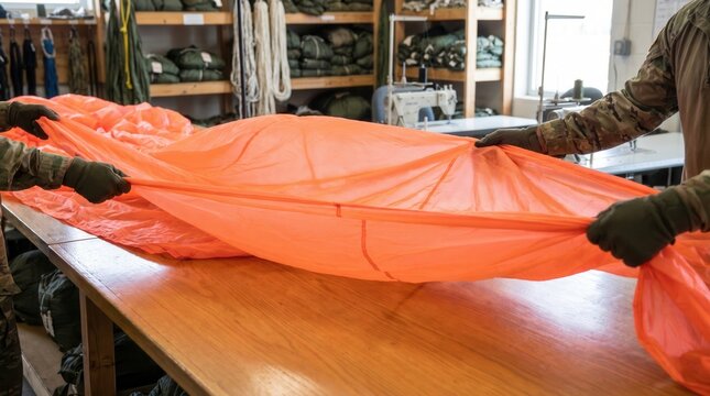 Military personnel hands inspecting and folding a large bright orange parachute on a long wooden table