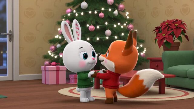 Fox and bunny dancing in front of a Christmas tree with fairy lights. Cartoon animals celebrating the holidays in a cozy living room. Friendly characters having fun in a festive winter home setting