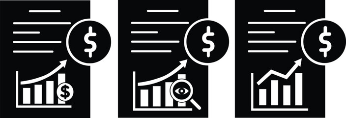 Obraz premium Financial growth report icon set featuring business documents with rising bar charts and dollar currency symbols vector silhouette