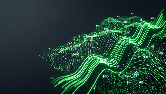 Abstract glowing green data wave, network flow and artificial intelligence concept.