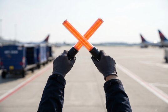 Airport ground crew hands holding crossed glowing orange illuminated marshalling wands on a sunny tarmac
