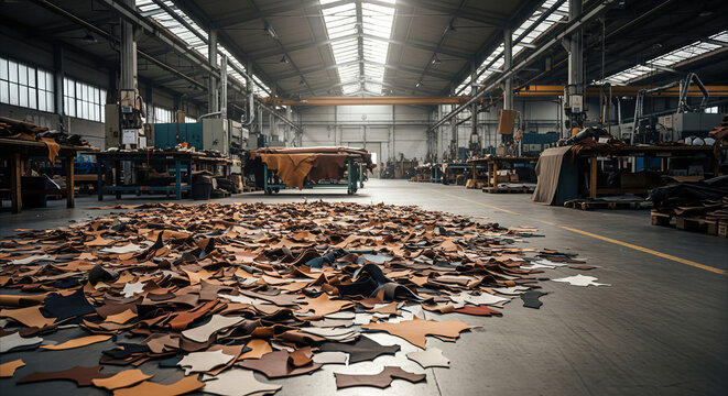 Scattered leather scraps on a factory floor, showcasing textile waste and raw material texture in a tanner factory