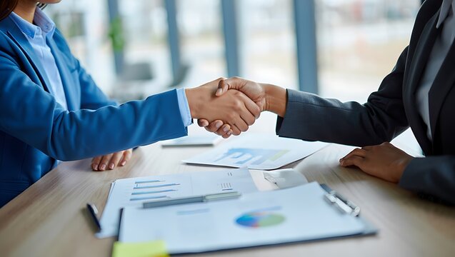Business professionals handshaking across a meeting table with financial performance documents handshake business