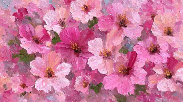 Art background features abstract pink flowers painted by hand in an impressionistic style, showing color texture and brush strokes.