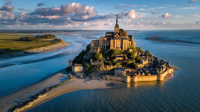 France's Mont Saint-Michel, a historic island with stunning architecture and a cathedral, is seen from above.