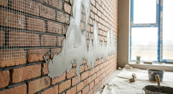 Brick wall undergoing renovation with mesh reinforcement and initial plaster layer, ready for finishing touches