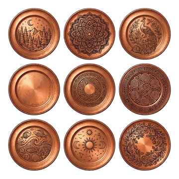 Set of nine copper bowls with intricate engraved patterns and designs for decorative or functional use.