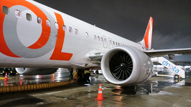 The turbine of one of the engines of a Gol Linhas A&eacute;reas aircraft at Guarulhos Airport, S&atilde;o Paulo, southeastern Brazil.
