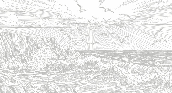 Waves crashing on rocky ocean shore.